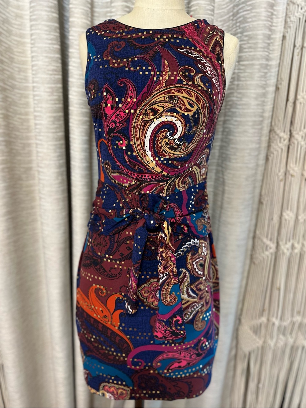 Joseph Ribkoff Paisley Sheath Dress Size 6 Tie Waist Multicolor Career Cocktail